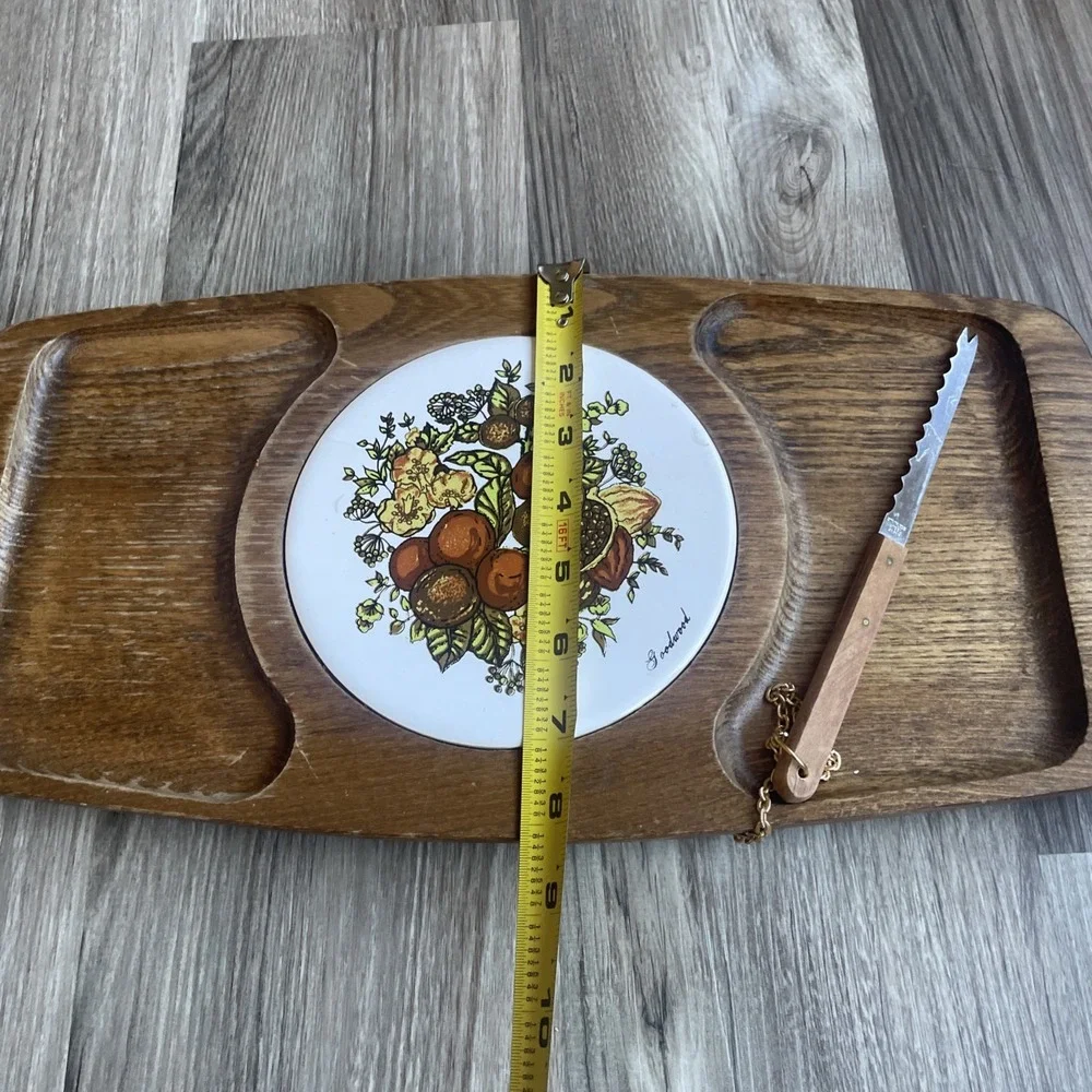 Vintage‎ Goodwood Teak Cheese Board Ceramic Tile Fruit Nut Knife Made in Japan